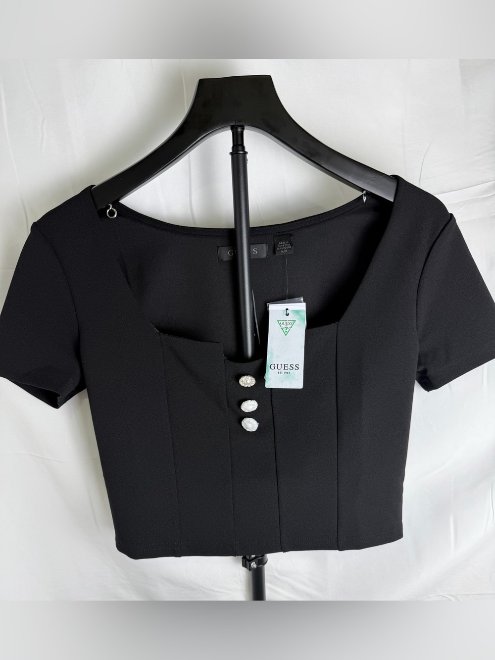 GUESS Black Short-Sleeve Cropped Top with Decorative Buttons